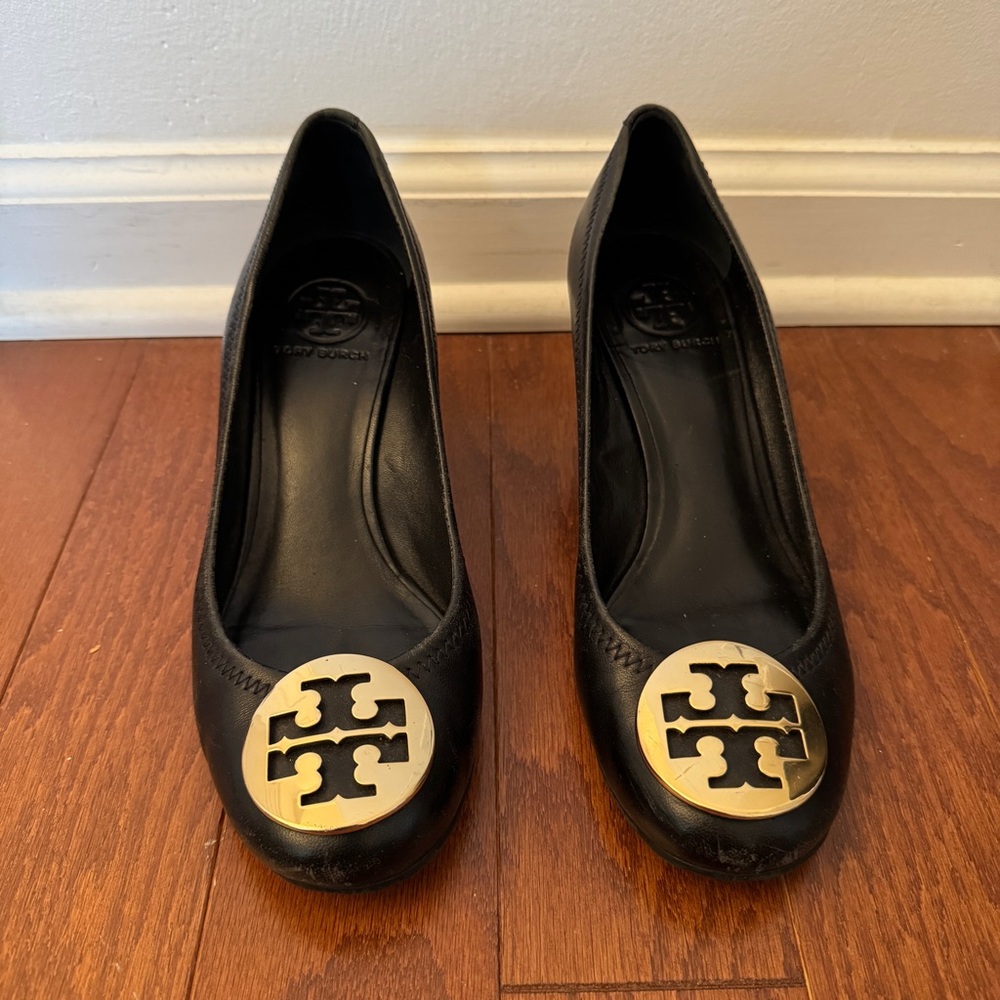 Tory Burch Black Wedges with Gold Logo - US W 7